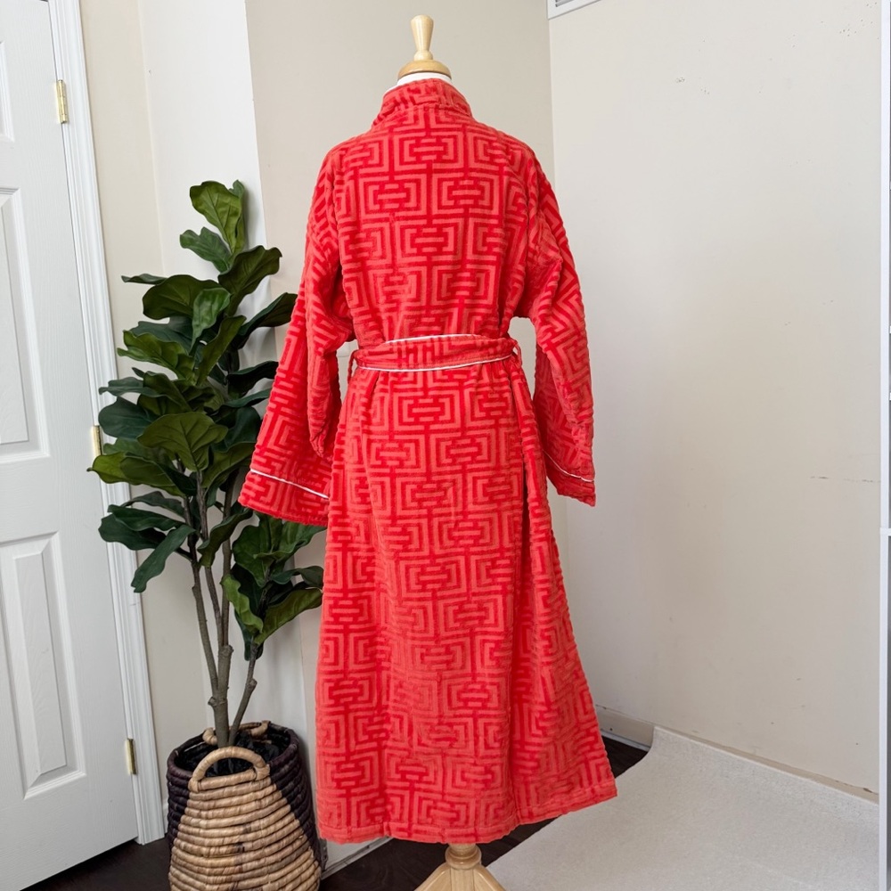 Orange Red Textured Velvet Bath Robe - Picture 4 of 13
